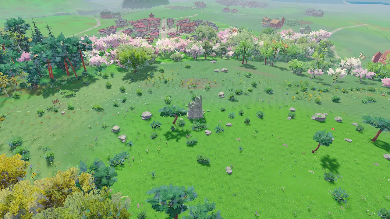 Rolling green hills with a grove of pink blossom trees and a lone ruin in the meadow.