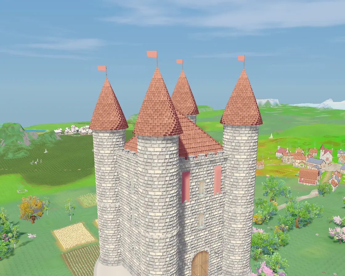 A white stone castle with four round towers and red conical roofs.