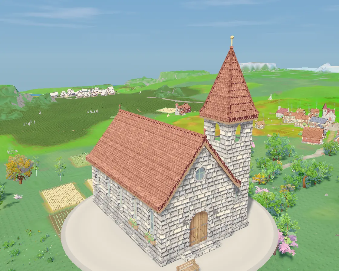 A small stone chapel with a pointed red steeple.