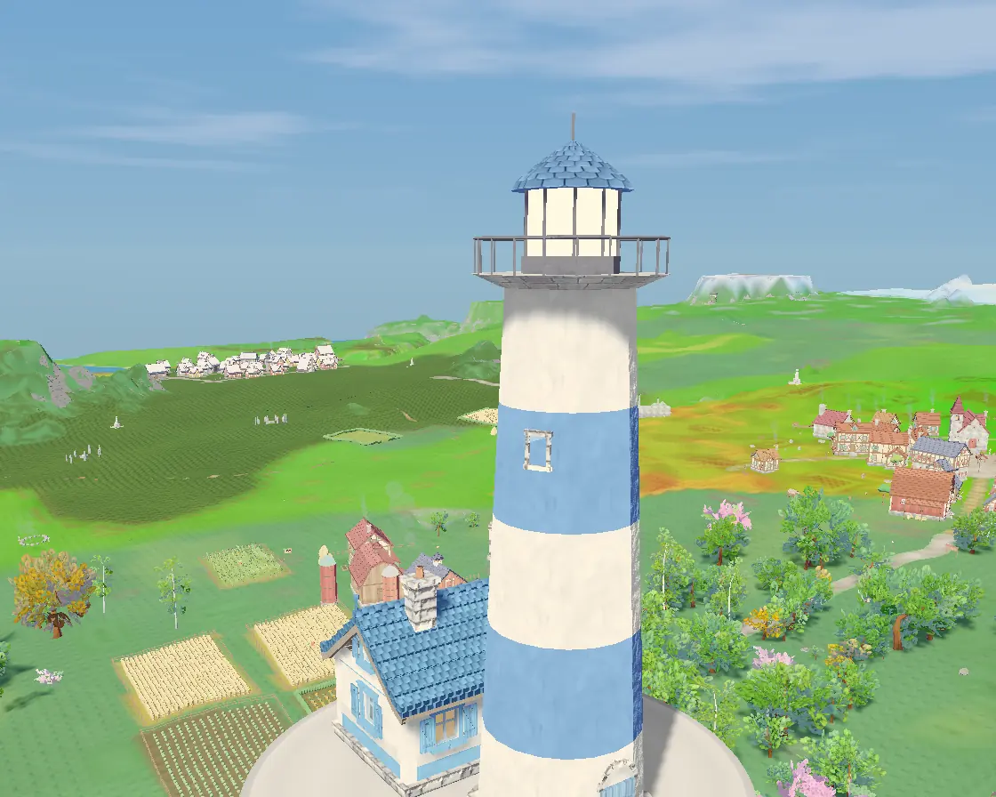A blue and white striped lighthouse with a keeper's cottage.