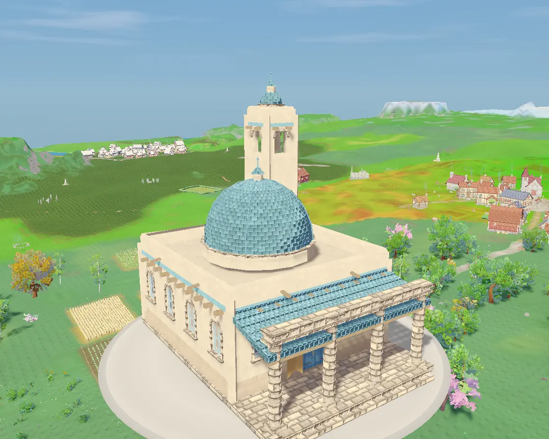 A sandstone desert temple with a blue dome and a bell tower.