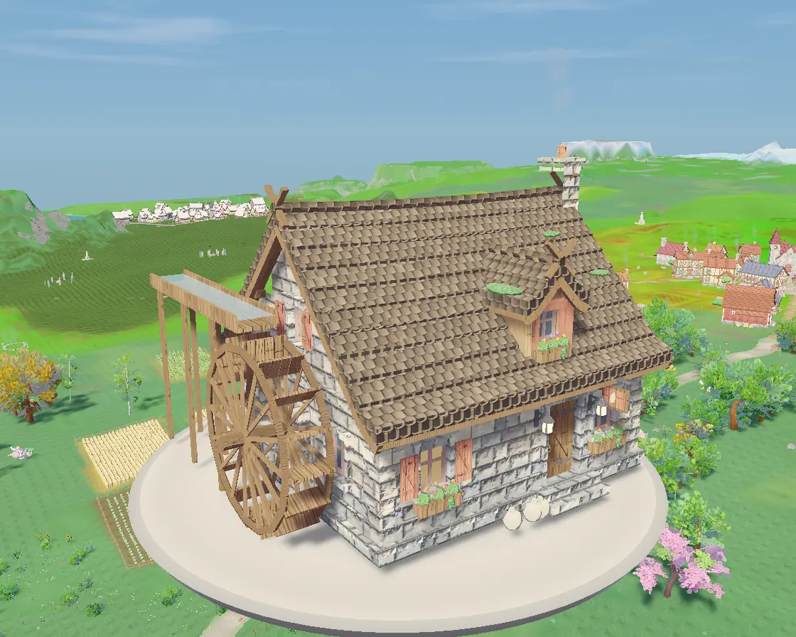 A stone watermill with a thatched roof and a wooden wheel.