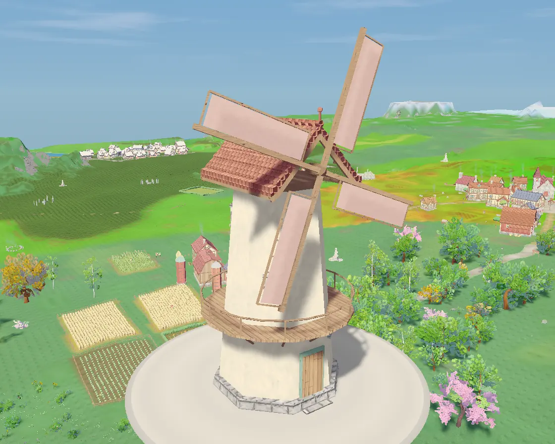 A cream windmill with pink sails.