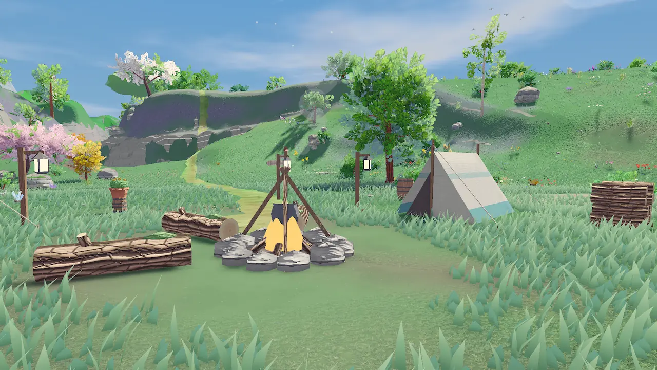 A campsite with a cooking fire, logs to sit on and a small tent at the foot of a grassy cliff.