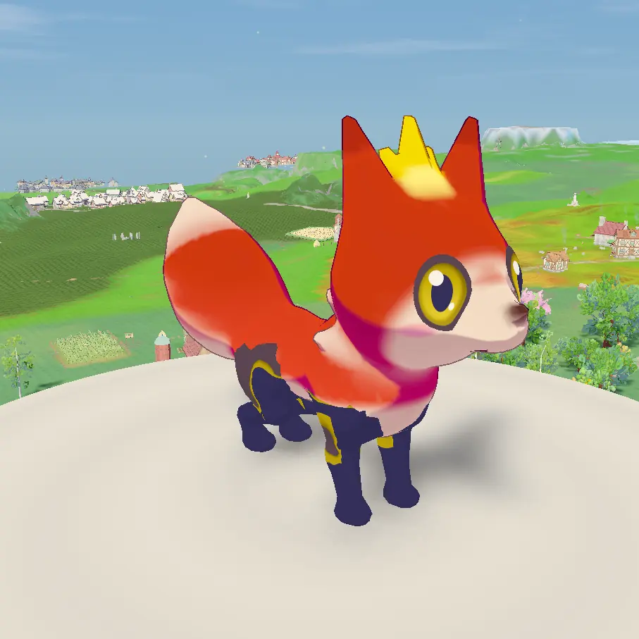 A fire fox with a flame crest and bright yellow eyes.