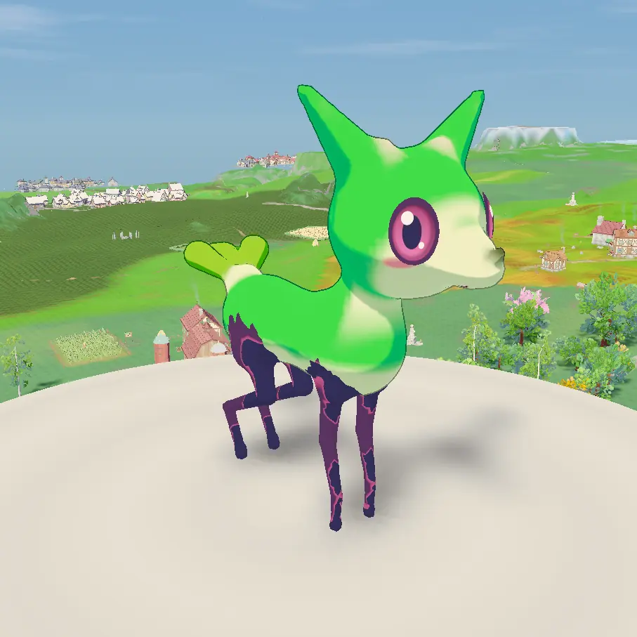 A bright green fawn with leafy ears and pink eyes.