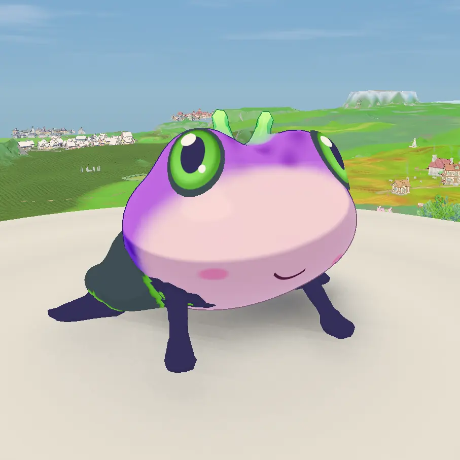 A round pink and purple frog with huge green eyes and a small smile.