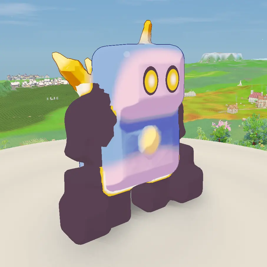 A blocky crystal golem with golden horns and glowing yellow eyes.