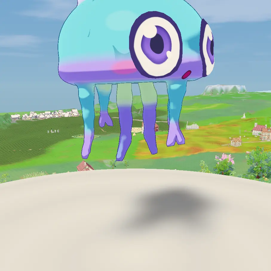 A floating turquoise jellyfish with one big eye and pastel tentacles.