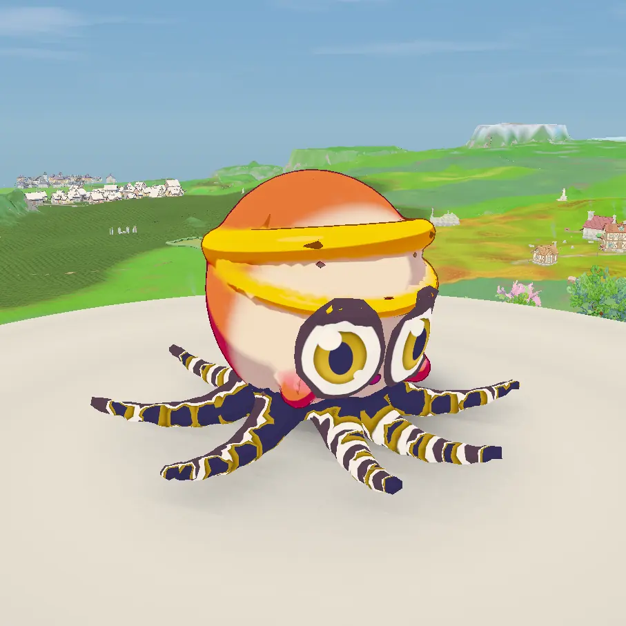 A little orange octopus with a headband and striped tentacles.