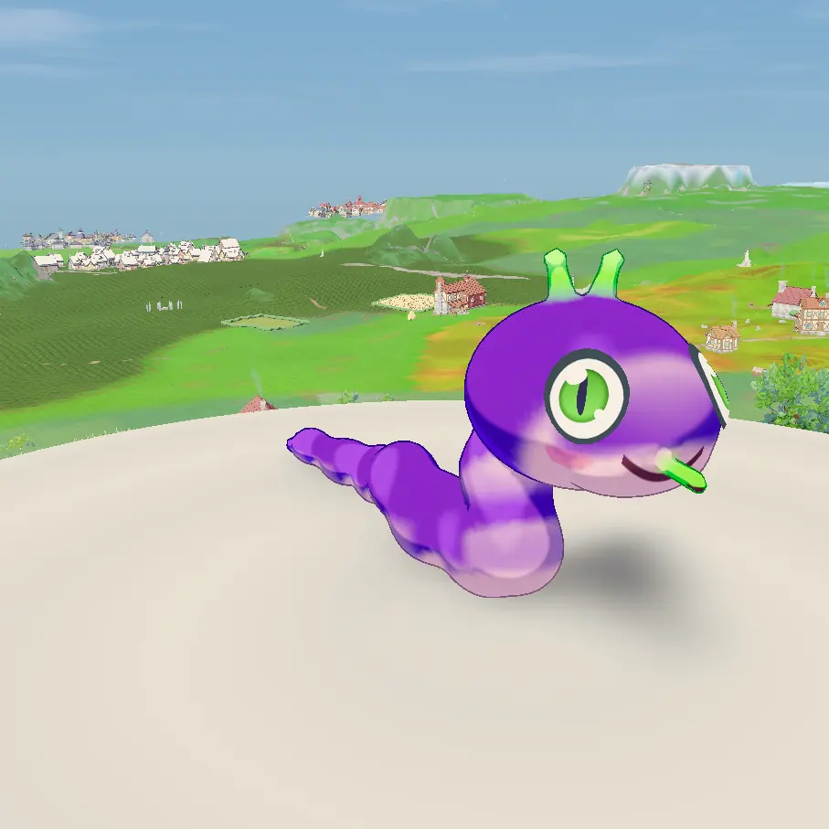 A small purple serpent with green antennae, sticking its tongue out.