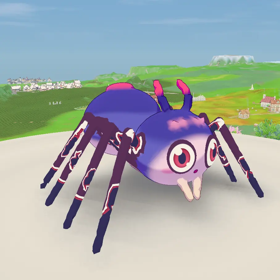 A purple spider with long striped legs and big pink eyes.