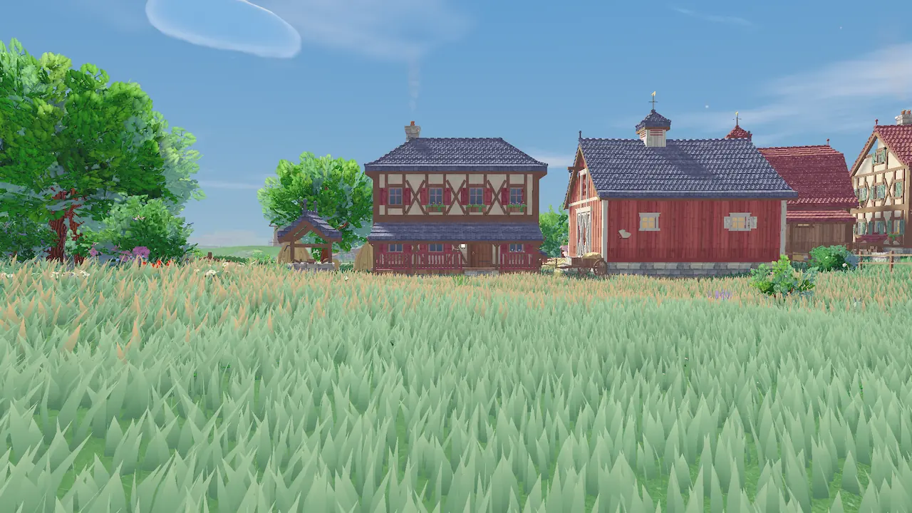 A red timber farmstead with a barn and a farmhouse behind a field of tall grass under a blue sky.