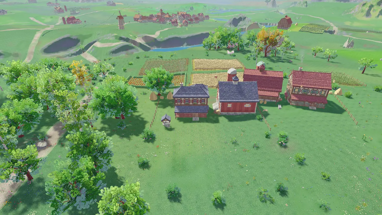 Farm buildings with coloured roofs beside a patchwork of crop fields, a village and ponds in the distance.