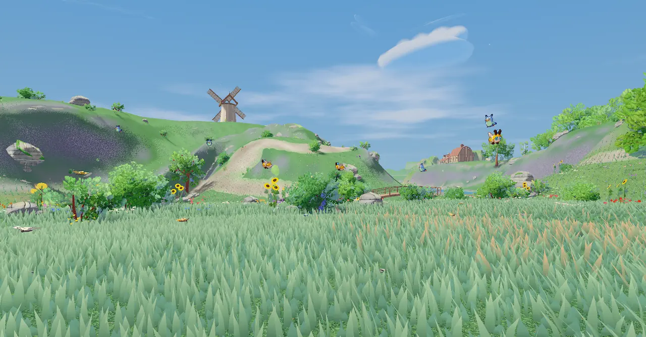 A sunny meadow in AnimaSky: a windmill on a green hill, a red barn by a wooden bridge, sunflowers, and small winged creatures fluttering over the grass.
