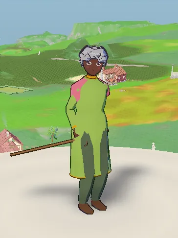 A grey-haired elder in a long green coat with a walking stick.