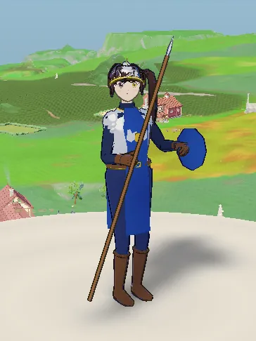 A town guard in a blue uniform holding a spear and a round shield.