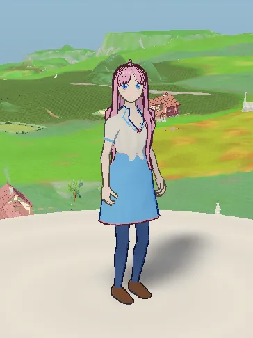 A traveller with long pink hair in a white blouse and blue skirt.