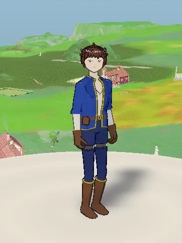 A traveller with brown hair in a blue jacket and boots.