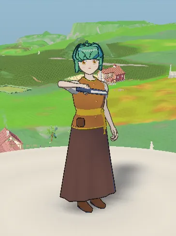 A merchant with short green hair, a brown apron dress and folded arms.