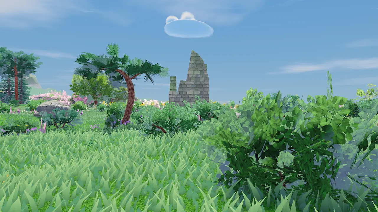 A crumbling stone tower rising behind bushes and a twisted pine, a small cloud in the sky above.