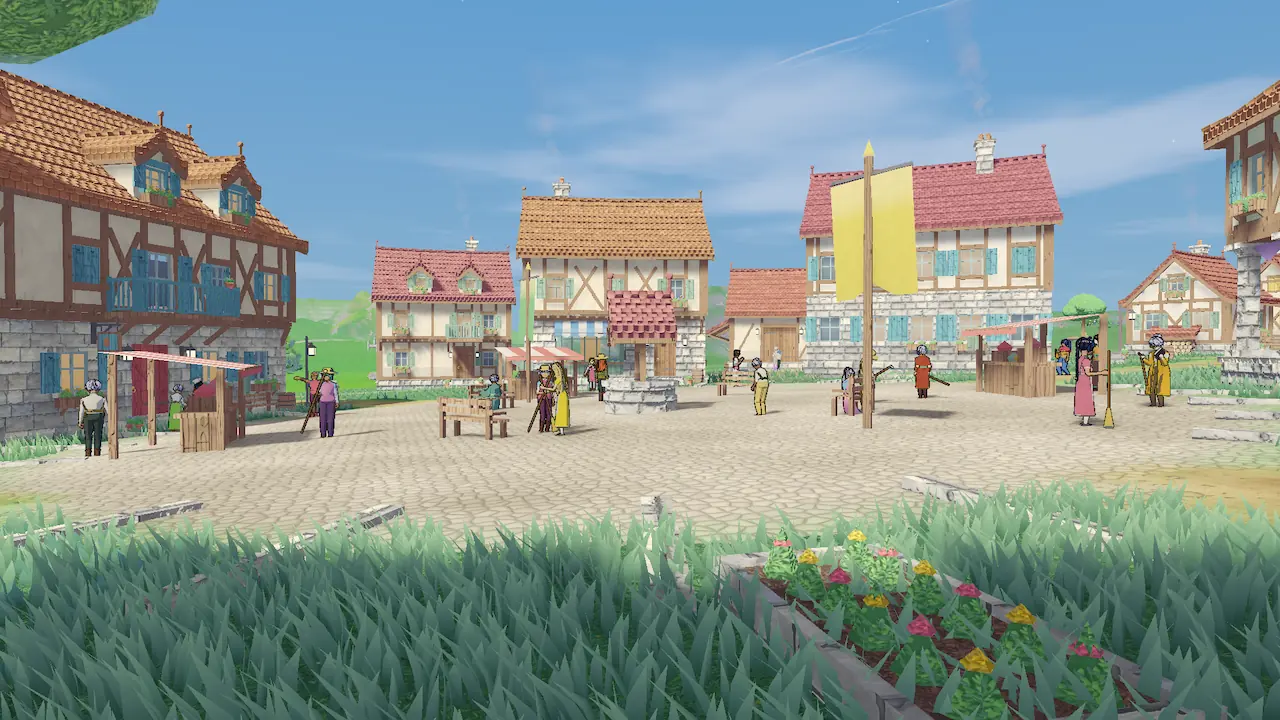 A cobbled town square with timber-framed houses, a stone well, a yellow banner and townsfolk chatting between market stalls.